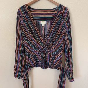 Anthropologie rainbow stripe tie-waist wrap shirt
